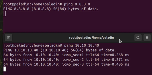 Image of two terminal windows, one attempting to ping 8.8.8.8 and a second one pinging an IP address in the local network